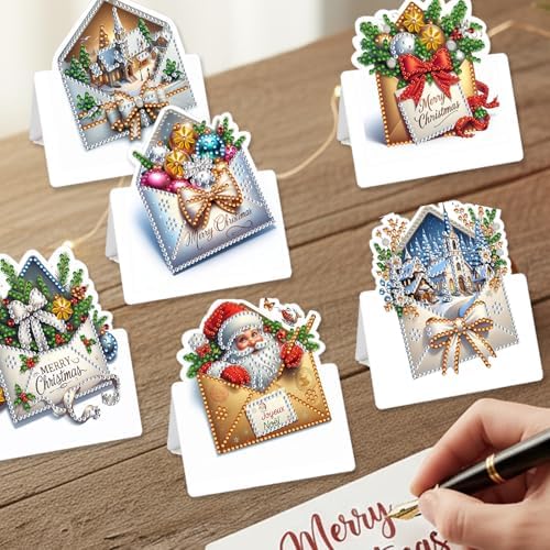 6 Packs Christmas DIY Diamond Art Greeting Cards with Envelopes Special Shaped 3D Fold Rhinestone Painting Card Handmade Gem Dots Art Kit for Beginner Adult Birthday Holiday Blessing Gift - Image 3