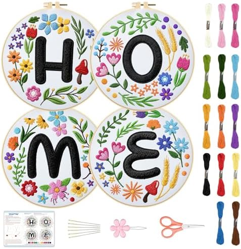 BEUNITONE 4 Set Embroidery Kit for Beginners, DIY Home Theme Pre-Stamped Pattern Needlepoint Kits for Adults with Hoop and Instruction, Funny Hand Embroidery Patterns for Cloth and Home Decor by BEUNITONE