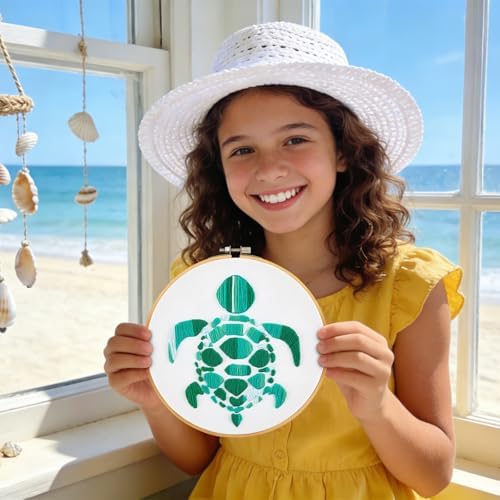 Sea Turtle Embroidery Kits for Beginners Adults, Hand DIY Embroidery Starter Kit, Stamped Cross Stitch Kits for Beginners Adult Craft Kits for Women, Entire Set of Embroidery Supplies & Video Tutorial - Image 6