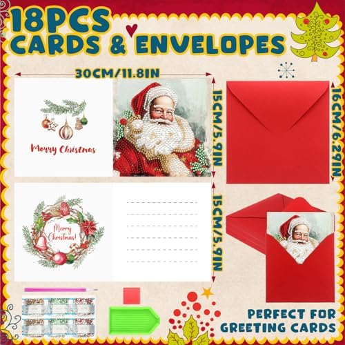 Colarr 18 Pcs Vintage Christmas Diamond Painting Greeting Card with Envelopes 5d DIY Diamond Art Snowman Santa Cards for Adults Craft Family Birthday Gifts Including 3 Pen 1 Tray 1 Sticky Wax - Image 3
