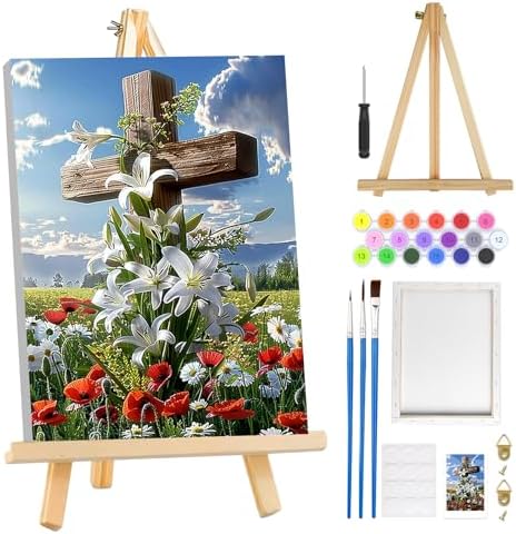 MOGTAA Cross Flowers Paint by Numbers Kit for Adults Beginners with Frame, Landscape Adult Paint by Number Kits on Canvas with Easel, Easy DIY Oil Painting Kits for Home Decor, 8x12in by MOGTAADIYHomeDecor