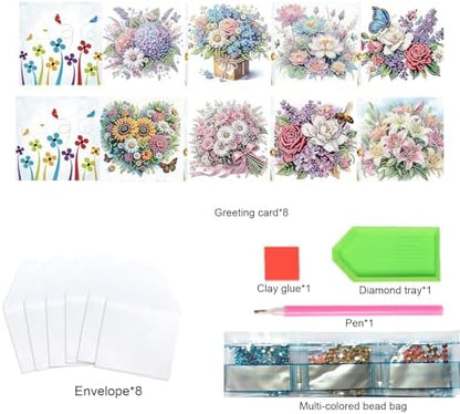 TDFERAN 8 Packs DIY Mosaic Kits for Adults Flowers Diamond Painting Cards Holiday Valentines Day Craft Making Kit Diamond Art with Envelopes Diamonds for Birthday Thanksgiving Day All Occasion Card - Image 4