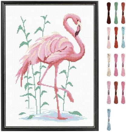 FREEBLOSS Flamingo Cross Stitch Kit Cross Stitch Starter Kit for Adults with Instructions 13 * 17'' Pure Cotton Cloth Cross Stitch for Beginnrs Cross Stitch Wall Hanging No Frame by FreeandCreativeCraftsArt