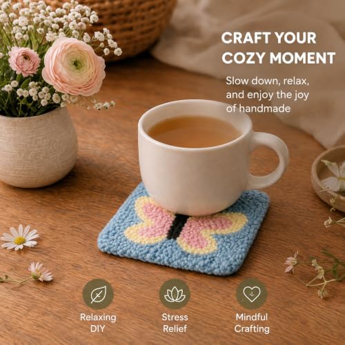 Kukovaya Punch Needle Kit for Beginners & Adults; Complete DIY Embroidery 6-Coaster Kit with Printed Fabric, Yarn, Needle, Hoop & Guide Easy Craft Kit for Home Decor, Gifts & Stress Relief - Image 5