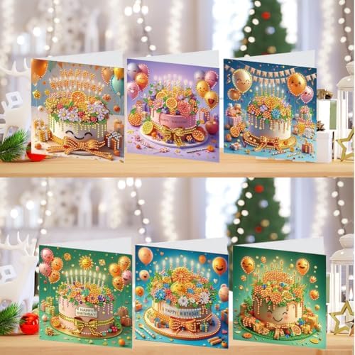 LAKEQUILL 6Pcs 5D DIY Birthday Cake Pattern Diamond Art Greeting Card Kit with Envelopes - for Adults & Beginners, Perfect for Birthday Wishes, Party Favors, Handmade Blessing Gifts - Image 2