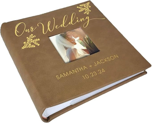 Personalized Wedding Photo Album, Custom Engraved Picture Album, Holds 200 4" x 6" Photos, Leatherette and Laser Engraved Scrapbook, Our Wedding, Brown
