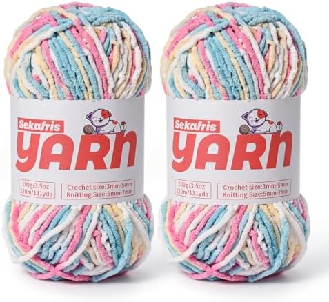 2 Pack Plush Chunky Chenille Yarn for Crocheting, Soft Fluffy Velvet Yarn for Crocheting Amigurumi, Fuzzy Baby Blanket Knitting 200g/262yds Bulky(2 Candy Color) by Sekafris