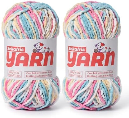 2 Pack Plush Chunky Chenille Yarn for Crocheting, Soft Fluffy Velvet Yarn for Crocheting Amigurumi, Fuzzy Baby Blanket Knitting 200g/262yds Bulky(2 Candy Color) by Sekafris