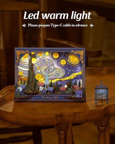 3D Wooden Puzzles for Adults Van Gogh Starry Night DIY Model Building Kits with LED Light - Home Decor, Wall Art & Unique Creative Gifts for Art Lovers/Men/Women - Image 5