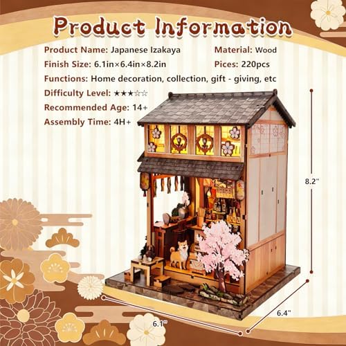DIY Book Nook Kit for Adults, Japanese Sakura Dollhouse Kit, Miniature House Kit with LED Light, Mini Building Kit, 3D Wooden Puzzles Bookshelf Craft Diorama for Adults Teen Gifts (Japanese Izakaya) - Image 2