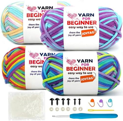 4 Pack Rainbow Beginner Crochet Yarn for Crocheting Knitting Multicolor Cotton Crochet Yarn for Beginners with Easy-to-See Stitches Cotton-Nylon Blend Easy Yarn for Beginners(Rainbow Mixed 01) by JOYTAG
