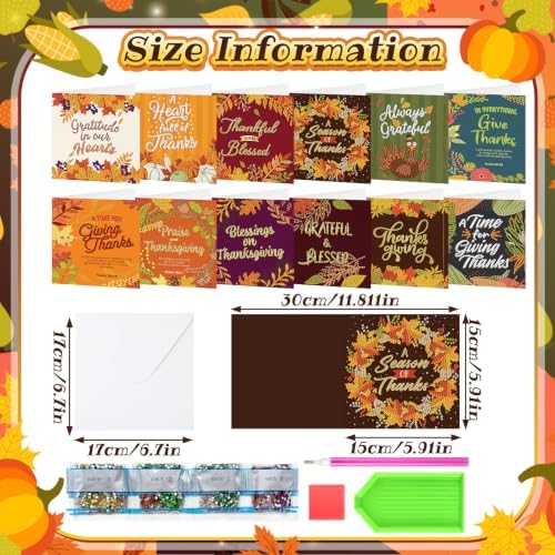 Saillong 12 Pack Fall Thanks Diamond Painting Greeting Card Kits DIY Thanksgiving Diamond Art Cards with Envelope Maple Leaves 5D Rhinestones Paint Card for Adults DIY Crafts Family Friend Autumn Gift - Image 4