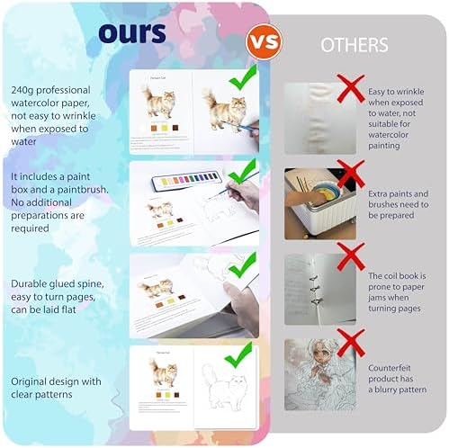 CraftyManor 2Pcs Watercolor Workbook Creative Water Color Paint Book Set with Paints & Brush, 12 Patterns of Original DIY Designs, Beginner-Friendly Adult Coloring Books(Cat & Tree) - Image 3