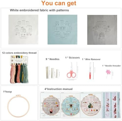 Myfelicity 3 Embroidery kit for Beginners, Beginner Embroidery Kit for Adults. Starter Kits to Learn 28 Different Stitches, Including Fabric with Prints, Threads, Needles, Hoop and Video tutorials… - Image 2