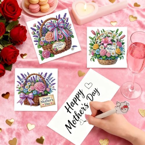 6Pcs Mother's Day Greeting Card DIY Diamond Art Painting Greeting Cards Special Shaped Diamond Blessing Folding Card Kit Arts Crafts for Holiday Festival-Flower Basket - Image 2