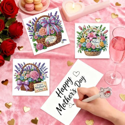 6Pcs Mother's Day Greeting Card DIY Diamond Art Painting Greeting Cards Special Shaped Diamond Blessing Folding Card Kit Arts Crafts for Holiday Festival-Flower Basket - Image 2