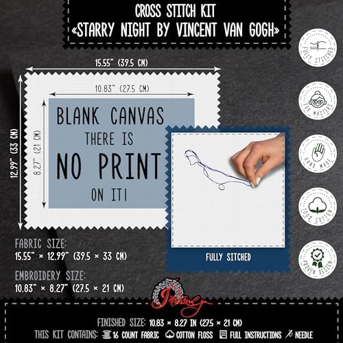 Povitrulya Counted Cross Stitch Kit for Adults 'Starry Night' by Vincent Van Gogh - Impressionist Art - Embroidery Set with Pattern, Famous Painting Design - Image 4