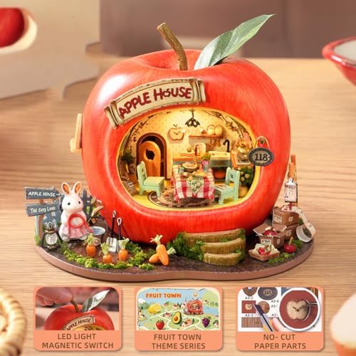 Dollhouse Miniature DIY House Kit,Mini 3D Wooden Doll House Craft Model with LED Creative Room Perfect DIY Gift for Friends, Lovers and Families (Rabbit Apple House) - Image 3