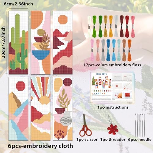 ACRNIGHEET 6PCS Cross Stitch Bookmark Kit for Beginner Boho Abstract Landscape Stamped Cross Stitch Kits for Adults Crossstitch Kits Adult Bookmarks with Instructions Hand Embroidery Craft Gift 11CT - Image 2