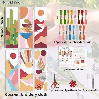 ACRNIGHEET 6PCS Cross Stitch Bookmark Kit for Beginner Boho Abstract Landscape Stamped Cross Stitch Kits for Adults Crossstitch Kits Adult Bookmarks with Instructions Hand Embroidery Craft Gift 11CT - Image 2