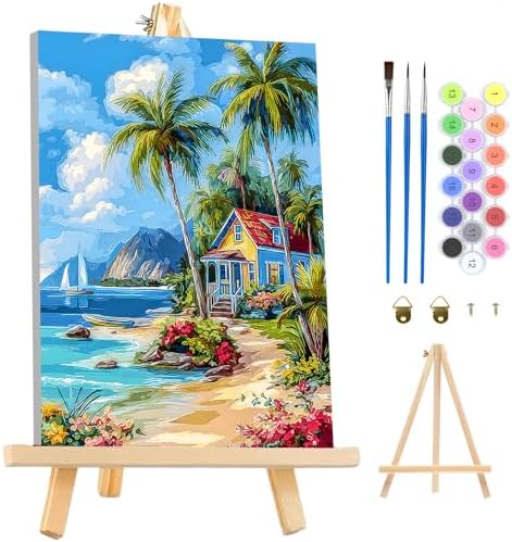 MAXBYE Paint by Numbers Kit for Adults with Frame and Wooden Easel, Easy Beach Landscape Painting Numbers Art Kits on Canvas, DIY Acrylic Painting Kit for Gift Home Wall Garden Decor 10×14 in by MAXBYE