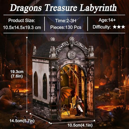 DIY Book Nook Kit, 3D Wooden Puzzle for Adults, Miniature House Kit with Touch LED Light, Gothic Bookshelf Insert Decor, Creative Hobby Gift for Fantasy Lovers (Dragons Treasure Labyrinth) - Image 3