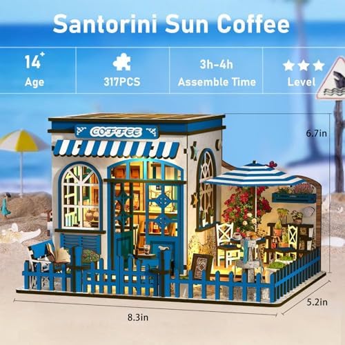 DIY Miniature House Kit, Coffee Shop Book Nook Kit, Mini Building Kit, Dollhouse Kit for Adults and Teens, 3D Wooden Puzzles with LED Light, Craft Kit for Family and Friends(Sunny Coffee Shop) - Image 2