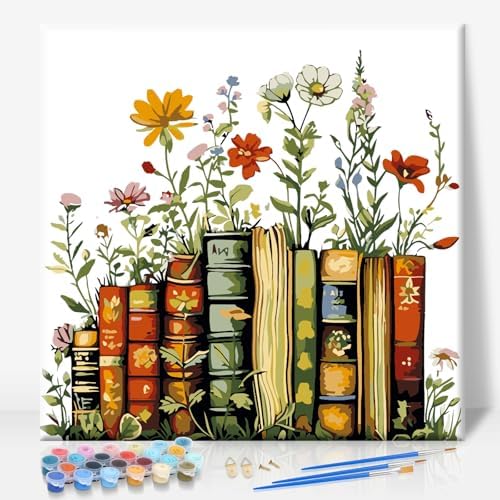 Camocin Framed Paint by Numbers Kit for Adults Beginner - Vintage Books and Wildflowers Paint by Number Canvas with Frame, Cottagecore DIY Acrylic Painting Kit for Book Lovers Home Decor 12x12 Inch by CamocinDIYKit