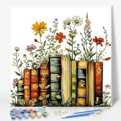 Camocin Framed Paint by Numbers Kit for Adults Beginner - Vintage Books and Wildflowers Paint by Number Canvas with Frame, Cottagecore DIY Acrylic Painting Kit for Book Lovers Home Decor 12x12 Inch by CamocinDIYKit