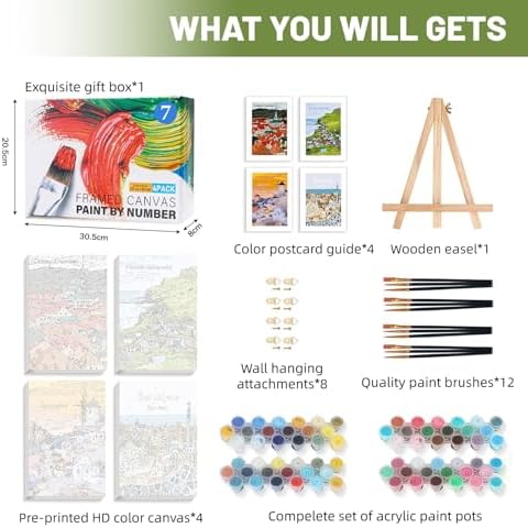 4 Pack Framed Paint by Numbers Kit for Adults Beginner with Wooden Easel, Landscape Easy Paint by Numbers with Frame, DIY Adult Paint by Numbers Kits on Canvas Framed for Home Decor Gift 8x12 Inch - Image 4
