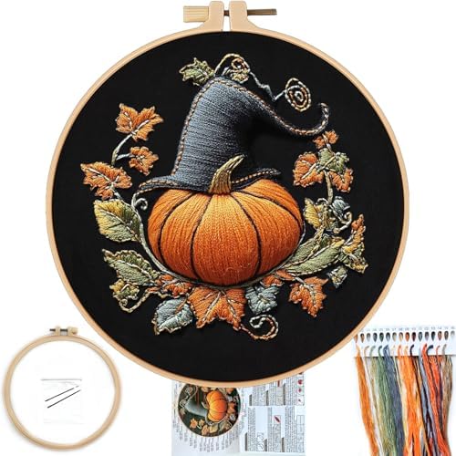 FONNUY Pumpkin Embroidery Kit for Beginners, Pre-Stamped Pattern Kits for Adults with Hoop, Easy to Follow Color Thread Needlework, 8'' Hoop (Witch Hat 3) by FONNUY