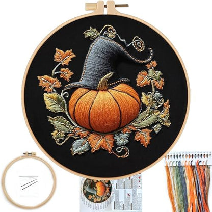 FONNUY Pumpkin Embroidery Kit for Beginners, Pre-Stamped Pattern Kits for Adults with Hoop, Easy to Follow Color Thread Needlework, 8'' Hoop (Witch Hat 3) by FONNUY
