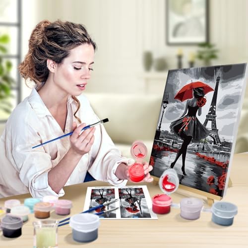 JOOZ Paint by Numbers Kit for Adults with Frame, Eiffel Tower Paint by Number with Easel, DIY Rose Woman Oil Painting by Numbers with Red Umbrella, Adult Paint by Number Kits for Wall Decor 8x12 Inch - Image 4