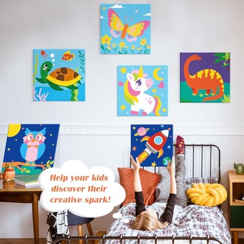 goldentime 6 Pack 8x8inch Paint by Numbers Kit for Kids, Predrawn Canvas for Painting with Unicorn, Butterfly & More, Includes 18 Acrylic Paints, 6 Brushes & Easels, Easy Art Supplies for Kids 4-8-12 - Image 6