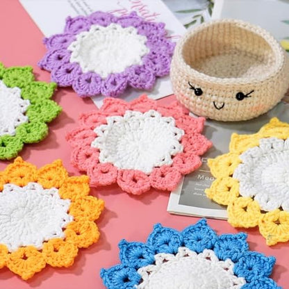 LOMOHOO Crochet Kit for Beginners, 6PCS Crochet Coasters Kit, Flower Potted Plant Crochet Kit with Crochet Hook, Colorful Yarn, Stitch Marker, Instruction, Craft Lover DIY Material Tools(Colorful) - Image 6