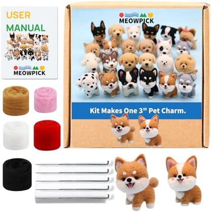 MeowPick Needle Felting Kit, Wool Felting Kit for Beginners Adults, 3 Inch Cute Dog Needle Felting Tools Set, Complete Felting Supplies, DIY Craft for Keychain Car Ornament Gift (BrownWhite) by MEOWPICK