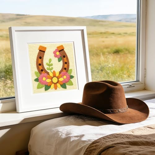 DOODLREAM Floral Horseshoe Needle Kit for Beginner, 9.4"x 9.4" Country Farm Punch Stitching Craft Set, DIY Embroidery Starter with Printed Frame, Instruction, Threader, Yarn, Punch Needle - Image 6