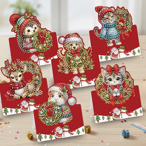 6 Pcs DIY Christmas Animal Diamond Art Painting Greeting Cards with Envelopes, Special Shaped Gem Postcards Kit for Adults, Xmas Holiday Gifts Stocking Stuffers Winter Decor (Mouse Tiger Deer Cat Dog) - Image 4