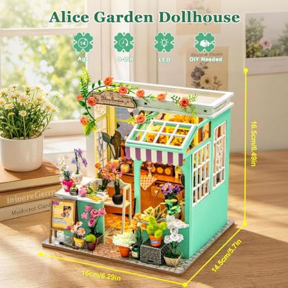DIY Miniature House Kit, Alice Garden Tiny 3D Wooden House Making Set for Adults, Dollhouse Bookshelf Decor with Furniture & LED Lights, Christmas Birthday Greenhouse Craft Gift for Friend - Image 2