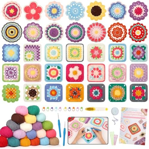 Katech Crochet Kit for Beginners, 50 Granny Squares Kit for Adults Beginner by Katech
