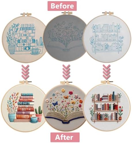 Embroidery Kit for Adults, Pre-Stamped Pattern Embroidery Kit for Beginners, Needlepoint Starter Kit with Hoop Thread Needle Instruction, 7.9'' Hoop (Book Lover 3 Packs) - Image 2