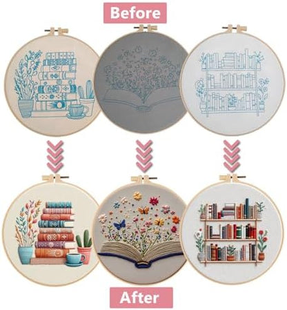 Embroidery Kit for Adults, Pre-Stamped Pattern Embroidery Kit for Beginners, Needlepoint Starter Kit with Hoop Thread Needle Instruction, 7.9'' Hoop (Book Lover 3 Packs) - Image 2