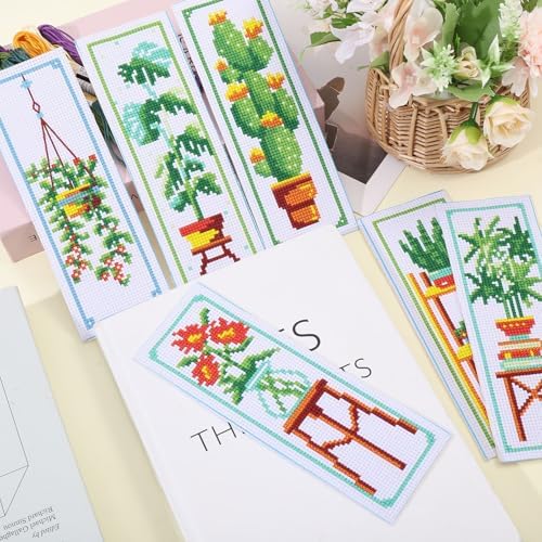 ORIGACH 6 Set Green Plants Cross Stitch Bookmark Kit for Beginner with Backing Felt Floss Instructions DIY Stamped Embroidery Bookmark Kit for Adults, Book Lovers - Image 3