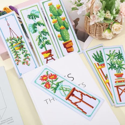 ORIGACH 6 Set Green Plants Cross Stitch Bookmark Kit for Beginner with Backing Felt Floss Instructions DIY Stamped Embroidery Bookmark Kit for Adults, Book Lovers - Image 3