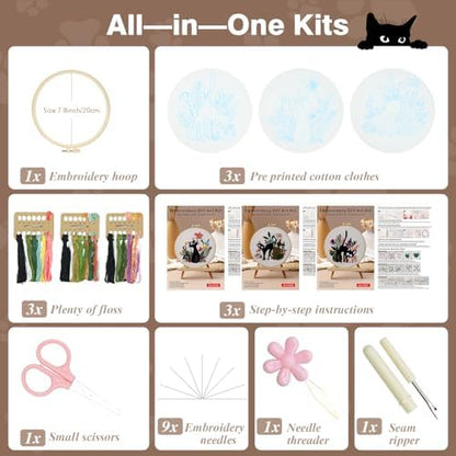 3 Pack Cat Embroidery Kits for Beginners Adults, Starter Cross Stitch Kit - Image 2