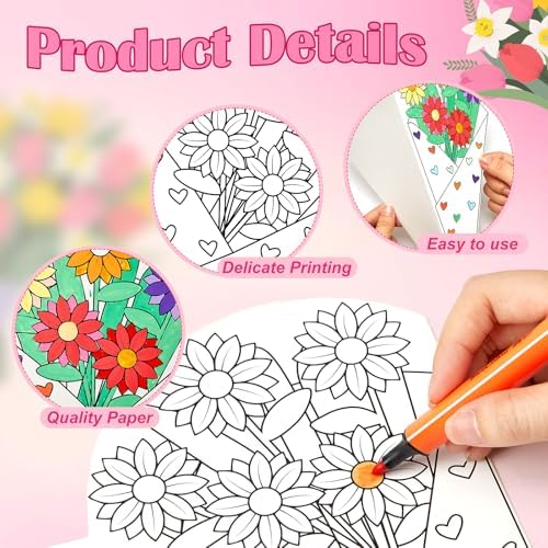 48 Pcs DIY Flower Bouquet Craft Kit, Paper Flower Coloring Set with Stems, Handmade Floral Craft Supplies for Teacher Appreciation Gifts, Fun Activities, Graduation Nurse Party Decorations - Image 4