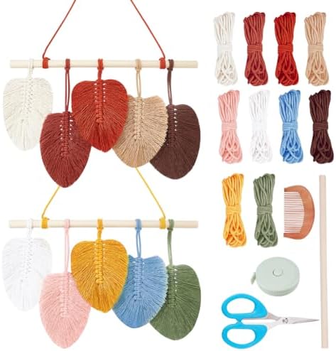 FREEBLOSS 2 Set DIY Macrame Leaf Wall Hanging Kit Macrame Feather Wall Art 10 Colors Cotton Cords 30cm Macrame Kit with Instruction Macrame Wall Tapestry for Bedroom Birthday Gift by FreeandCreativeCraftsArt