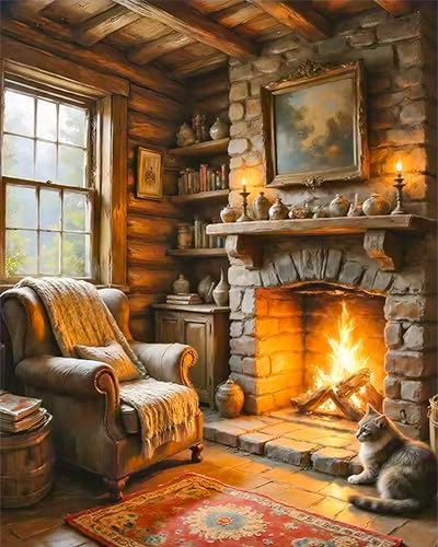 Paint by Numbers Kit for Adults, Cozy Fireplace & Rustic Cabin, 16x20 Inch by Okarina