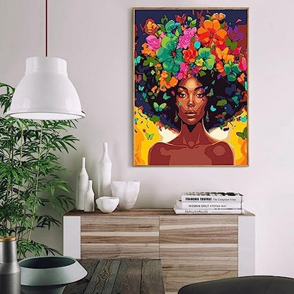 Clendo DIY African Woman Paint by Numbers for Adults Canvas, Flowers and Girl Paint by Number Kits on Canvas - Frameless Oil Painting Kits Arts and Crafts for Home Decor Present 16x20 inch - Image 4