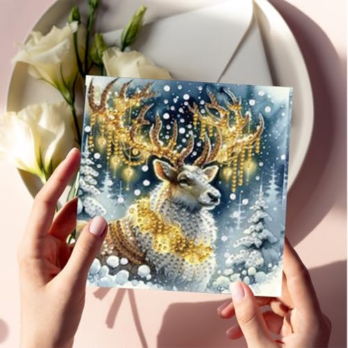 jinglinhh 6pcs Snowy Reindeer Christmas Tree Diamond Art Painting Greeting Cards with Envelopes, DIY Card Making Kits for Adults, Diamond Art Postcards Christmas Cards Craft Gifts - Image 6